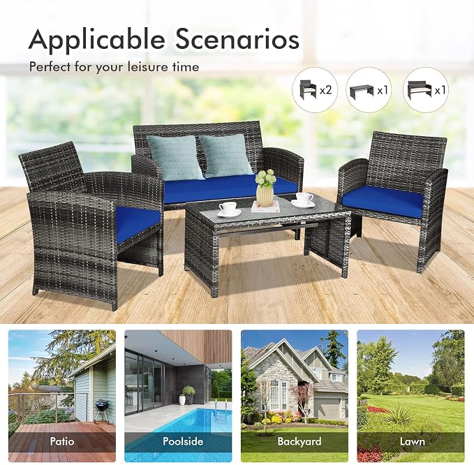 Outdoor Conversation Set, 4 Pieces Wicker Patio Furniture Set with Ergonomic Curved Design, Patio Chair Set with Water-resistant Cushion & Tempered Glass Table for Balcony,Porch(Navy Blue)