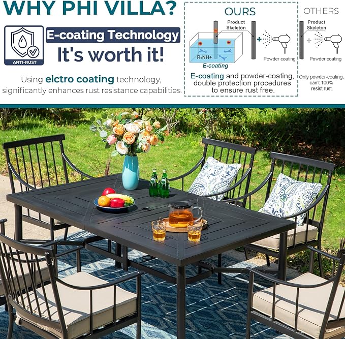 PHI VILLA 7 Piece Patio Dining Set, 64" Steel Table | Metal chairs, Fixed Chair, 1.57" umbrella hole, Cushions, powder-coated, 300 lb chair capacity