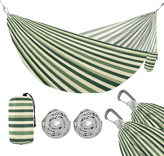 Camping Hammock Outdoor Hammocks for Outside Stripe Green Cream Beach Trees Portable Lightweight with Pockets Tree Straps Indoor