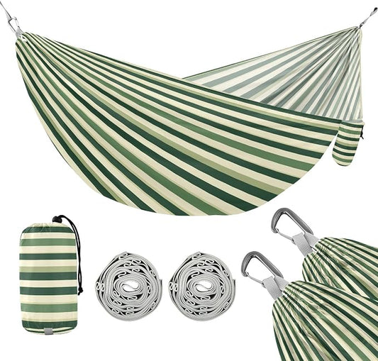 Camping Hammock Outdoor Hammocks for Outside Stripe Green Cream Beach Trees Portable Lightweight with Pockets Tree Straps Indoor