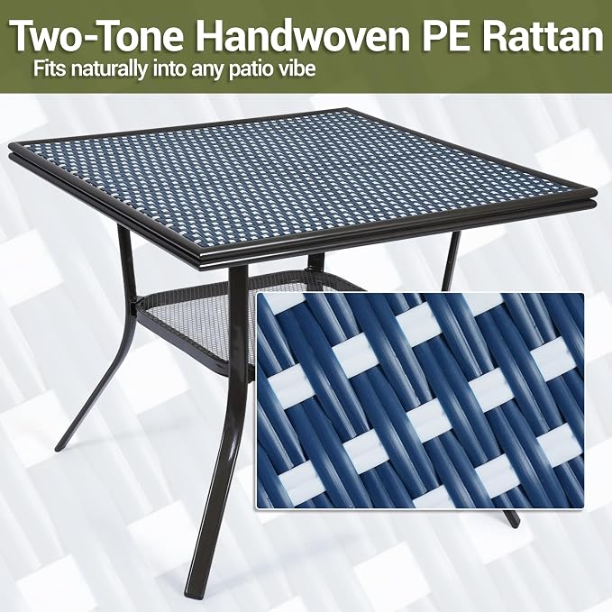 35.2" Square Outdoor Bistro Table, All-Weather PE Rattan Patio Side Table w/Sturdy Metal Frame & Adjustable Foot Pads, Wicker Dining Table for Poolside Backyard Garden Balcony, Blue/White