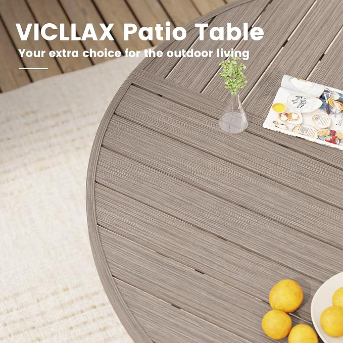 VICLLAX 47.2" Round Outdoor Table, Patio Dining Table for 6 with Umbrella Hole for Garden Lawn Deck Backyard, Antique Grey