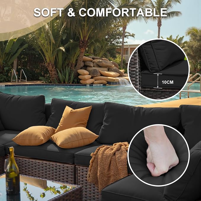 Patio Furniture Set, 15 Pieces Outdoor Sectional Patio Furniture Set with 42" Fire Pit Table, Rattan Wicker Sofa Set for Garden Backyard Deck Poolside, Black