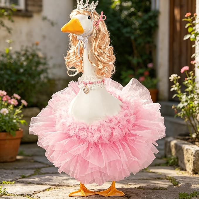 6 Pcs Princess Porch Goose Outfit Set Porch Goose Summer Outfits with Wigs, Pink Funny Geese Cloth with Long Blonde Wigs and Tutu Skirt for 23“ Lawn Goose Statues