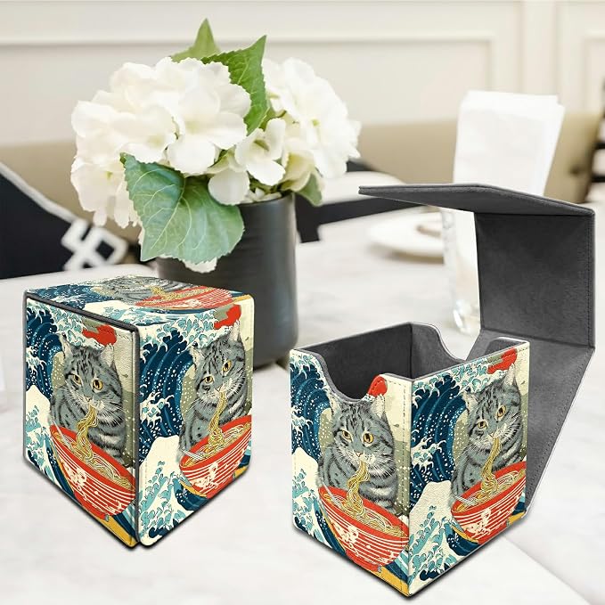 Wave Noodles Cat Card Deck Box for MTG, Personalized Card Storage Case Fits 120+ Sleeved Cards, Premium Leather TCG Box with Strong Magnetic Closure for Magic, CCG, PTCG, Baseball Cards