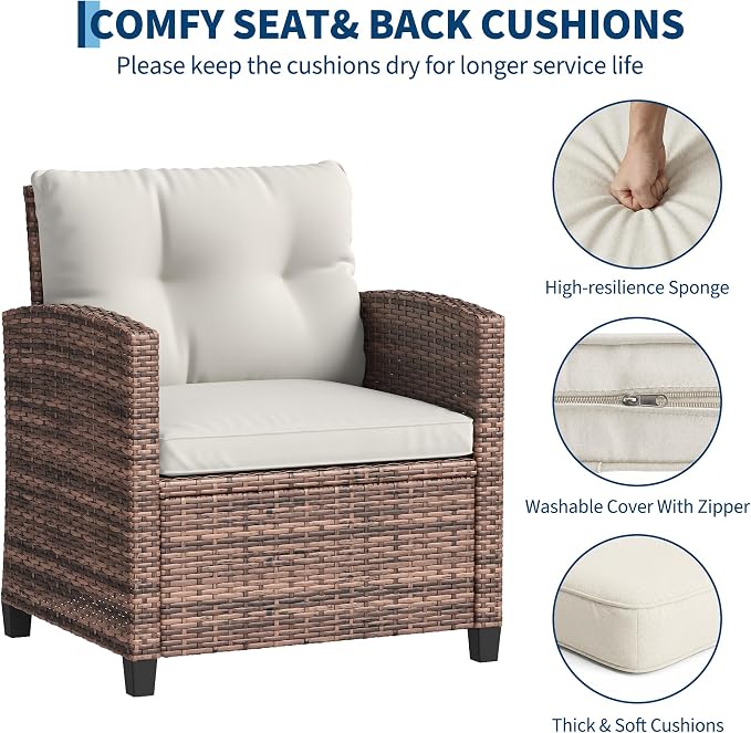 3-Piece Outdoor Patio Furniture Set, PE Rattan Wicker Chairs with Tempered Glass Side Table & Washable Cushions, All-Weather Conversation Set for Porch, Deck, Balcony or Garden (Brown/Beige)