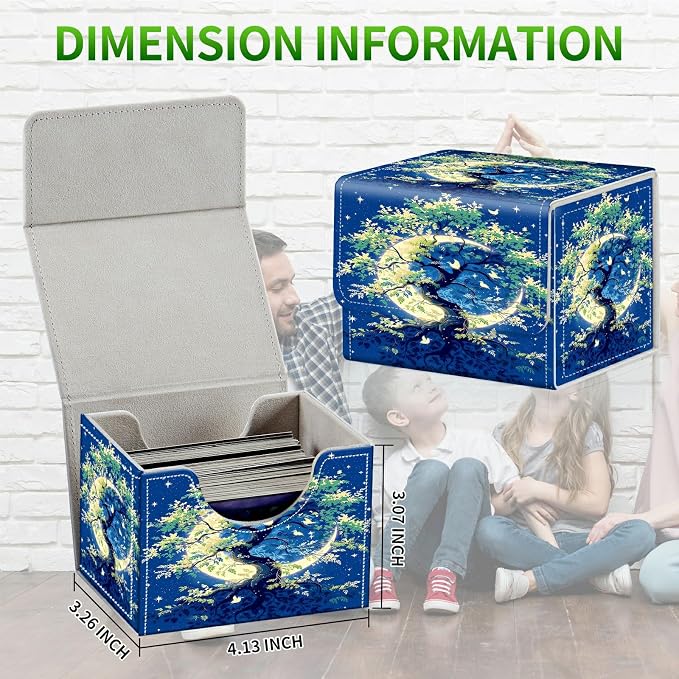 Card Deck Box for MTG, Cards Storage Box Fits 120+ Sleeved, Leather Small Size Strong Magnetic Closing Card Case for Board Games Magic TCG CCG Baseball Collection, Moon Green Tree