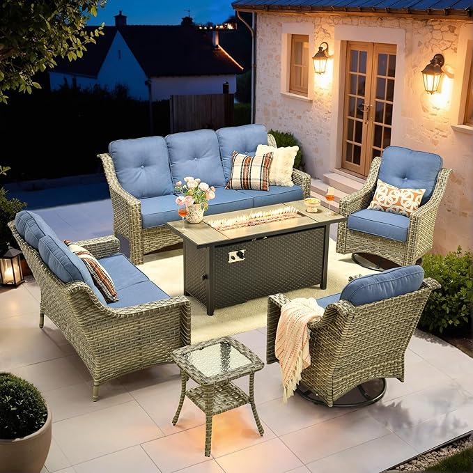 HOOOWOOO Patio Furniture Set,6 Pieces Wicker Outdoor Furniture,High Back Conversation Set with All Weather Resistant Fire Pit Table Couch Swivel Chairs,Diamond Blue
