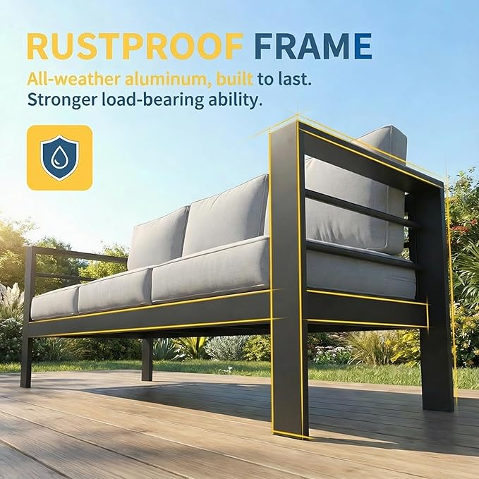 Solaste Aluminum Patio Furniture Set for All Weather, Oversized Metal Outdoor Furniture Set with 27.5" Deep Seating and Wide Armrest, Outdoor 3 Seat Sofa with 10" Back Suport Cushion，Black and Gray