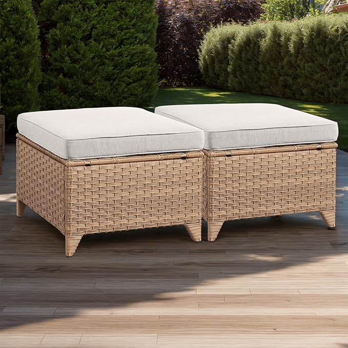 Rilyson Outdoor Ottoman Wicker Patio Ottomans - 2 Piece Footrest Footstools Set Rattan Outdoor Ottomans for Patio with Thick Cushions(Yellow/Beige)
