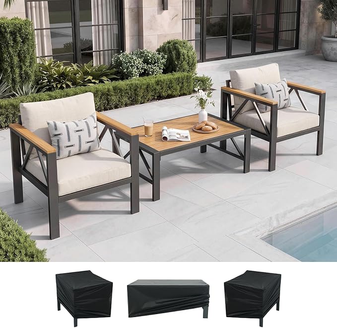 INGEROOM 3 Piece Aluminum Outdoor Patio Furniture Set with Waterproof Cover, 2 Chairs & Coffee Table, Metal Patio Conversation Set for Porch, Balcony, Deck, Garden, Oatmeal