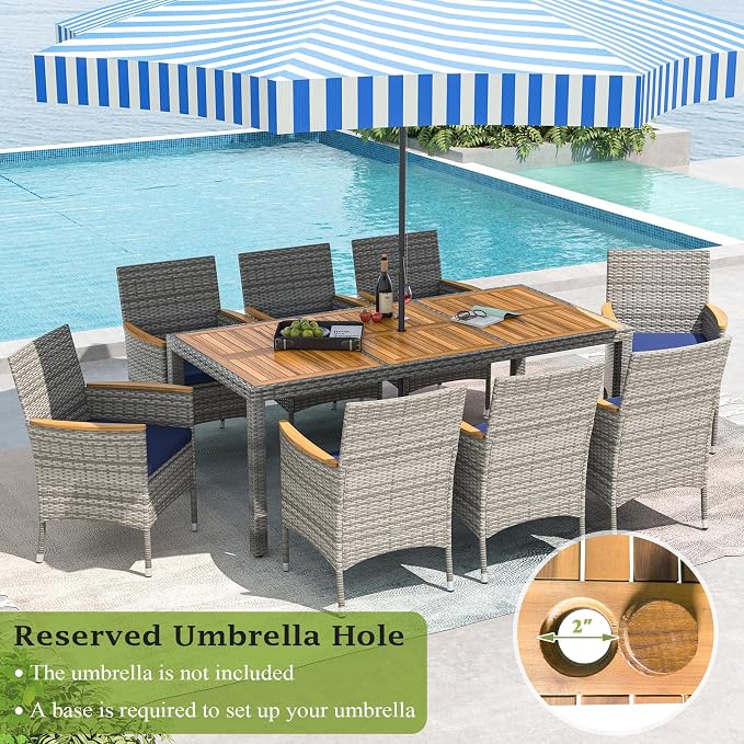 KOTEK Outdoor Dining Set for 8, Wicker Patio Dining Table and Chairs Set with Cushions & 2'' Umbrella Hole, 9 Pcs PE Rattan Patio Furniture Set for Garden, Deck, Backyard (Navy)