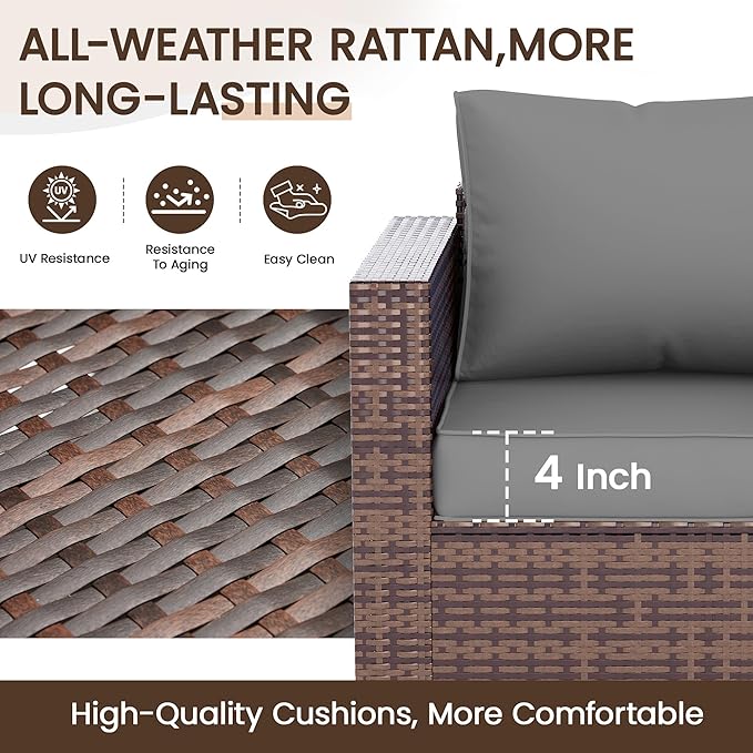 Patio Furniture Set,5 Piece Wide Armrest Outdoor Furniture Chair with 4" Thickened Cushion,Wicker Patio Conversation Sets with Waterproof Covers for Backyard, Porch(Grey)