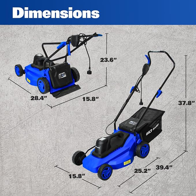 BILT HARD 15" Corded Electric Lawn Mower, 11A Motor 3300RPM Push Mower with 35L Grass Bag, 5 Height Adjustments (1"-3"), Lightweight & Foldable Handle for Small Yards