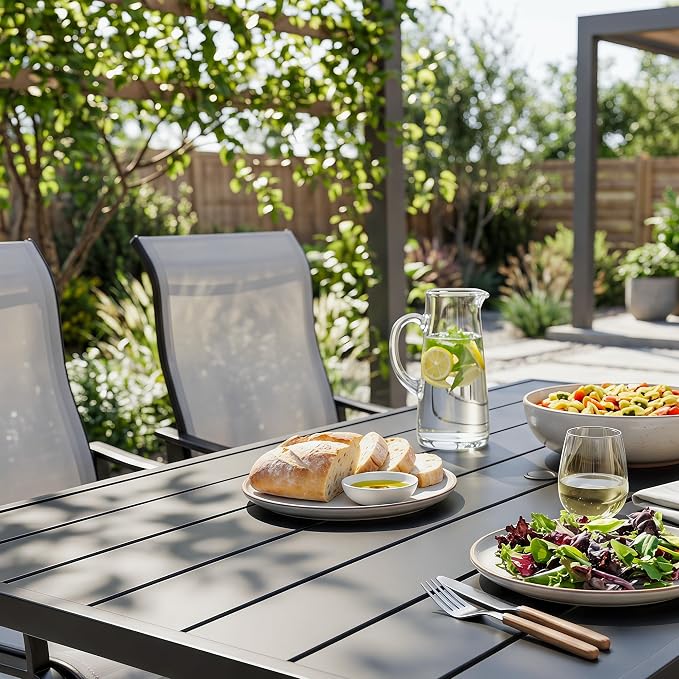 NUU GARDEN 7 Piece Patio Dining Set for 6 with C-Spring Chairs | Rectangular table with umbrella hole and 6 breathable Textilene chairs featuring gentle C-spring motion and high backs