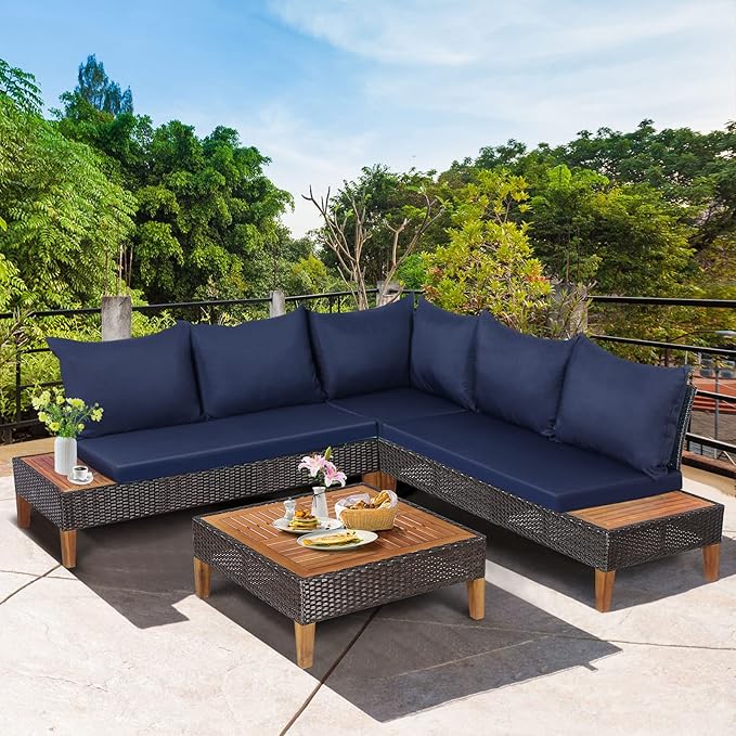 Tangkula 4 Pieces Acacia Wood Patio Conversation Set, Patiojoy Outdoor PE Rattan Sectional Sofa Set with Coffee Table, Corner Sofa & 2 Loveseats, for Backyard Garden Poolside