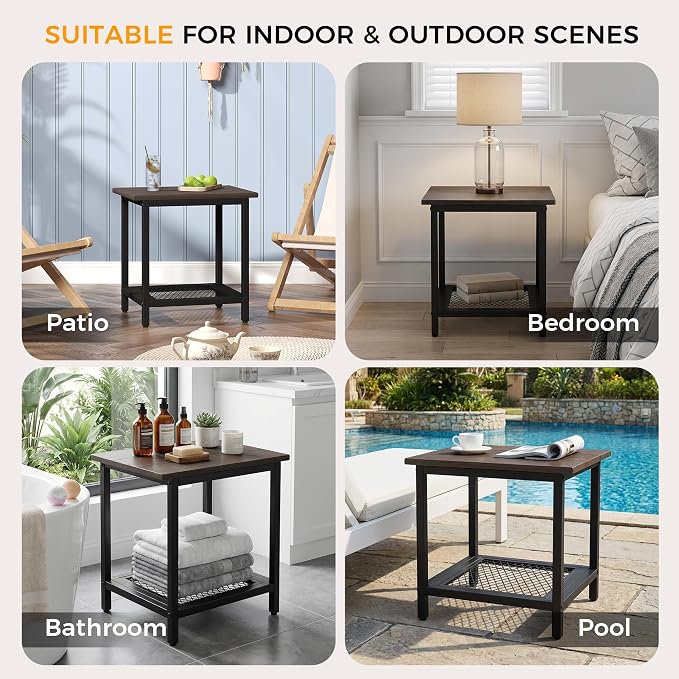 2-Tier Outdoor Side Table with Storage, Weather Resistant Patio End Table, HDPS Small Accent Table for Deck, Garden, Pool, Backyard, Brown 2pcs