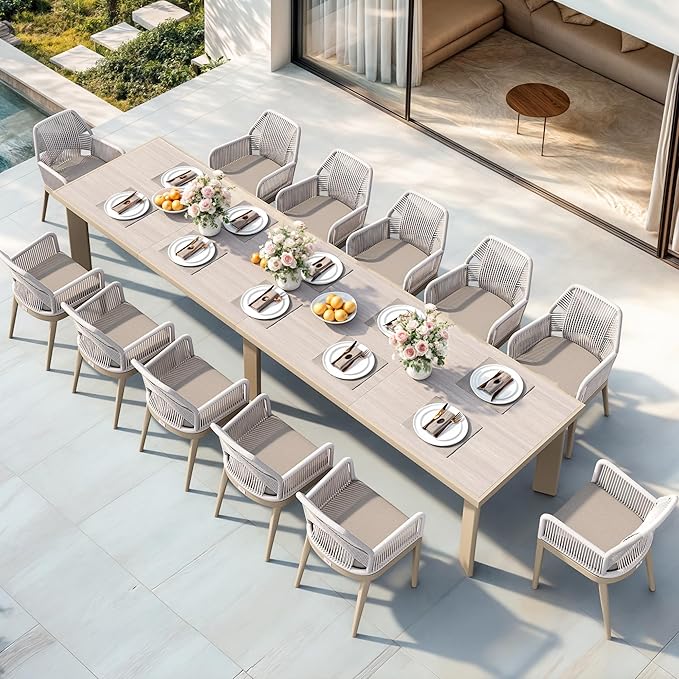 PURPLE LEAF 13 Pieces Patio Dining Set Aluminum Modern Rectangular Table and Rattan Arm Chairs with Cushions for Kitchen Porch Garden Outdoor Furniture Sets, Champagne