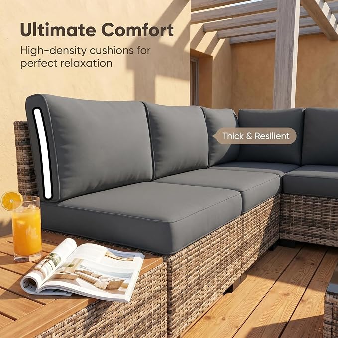 UDPATIO Patio Furniture Set L-Shaped, 8" Width Armrest Sectional Set, Al Weather PE Rattan Conversation Furniture with High Density Cushions and Coffee Table for Outdoor Backyard Porch Grey
