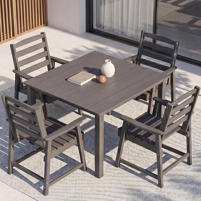 HDPE Outdoor Dining Set for 4, Armchairs, Grey | All-Weather HDPE, Wood Grain Finish, 42.5" Square Table, Built-In Umbrella Hole, Seats 4, Patio & Poolside Ready