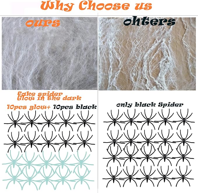300 Sqft Halloween Spider Web Decorations, with 10 Glow and 10 Black Fake Spiders, Halloween Decorations Outdoor Large Stretch Spider Web Cobwebs Indoor (300 sqft Web+20 Spider)