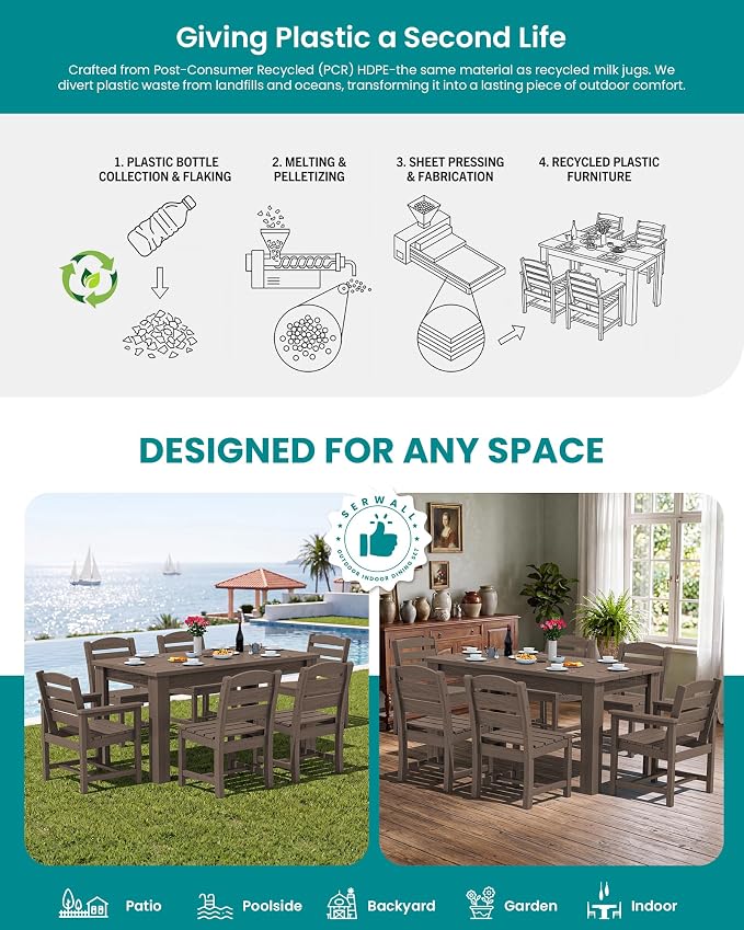 SERWALL 59" Patio Dining Set for 8, HDPE Dining Set, Coffee | Include 2 Rectangular Tables and 8 armless Chairs, All Weather Dining Sets for Garden, Backyard