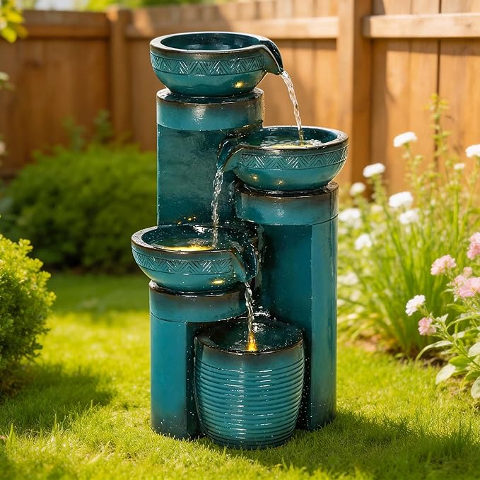 19.3" Outdoor Water Fountain with LED Lights, 4-Tier Cascading Water Feature with Pump, Turquoise Faux Ceramic Pedestal Waterfall for Garden, Patio, Yard or Porch