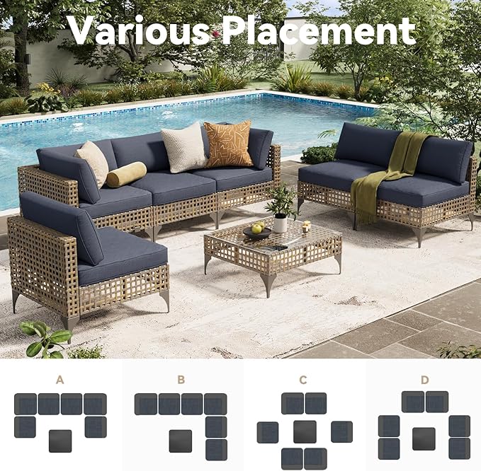 AECOJOY 7-Piece Patio Outdoor Furniture Set with Tea Table, Boho Outdoor Sectional Furniture Sofa PE Rattan Wicker Conversation Set, Dark Brown Rattan&Dark Grey Cushions