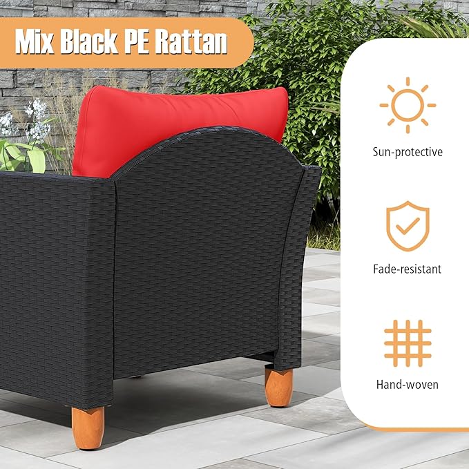 Tangkula 3 Pieces Patio Porch Furniture Set, PE Rattan Wicker Chair Conversation Set with Cushions and Storage Table, Outdoor Acacia Wood Bistro Set for Garden, Poolside (Red)