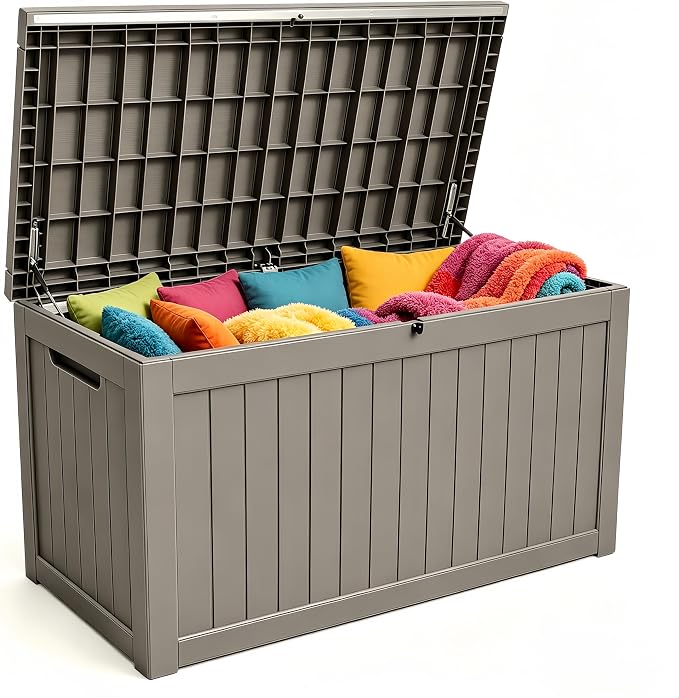 271 Gallon Large Resin Outdoor Storage Box, Waterproof Deck Box, Lockable Deck Container with Reinforced Support, Outdoor Chest for Patio Accessories, Outdoor Cushions, Garden Tools, Taupe Gray