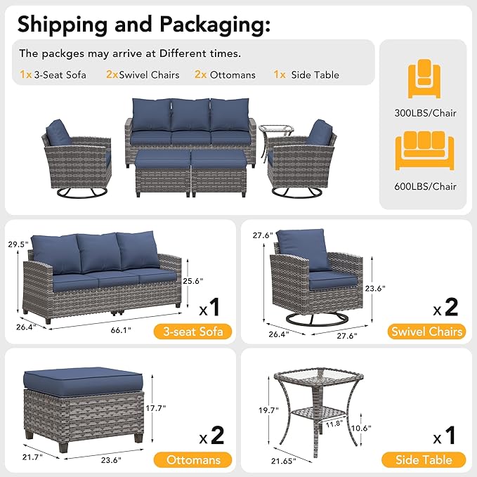Patio Furniture Sets, 6 Pieces Patio Outdoor Sectional Furniture, Wicker Rattan Conversation Sofa with Swivel Chair, Ottomans, Side Table, 4" Thick Cushion, for Porches Balconies, Navy Blue