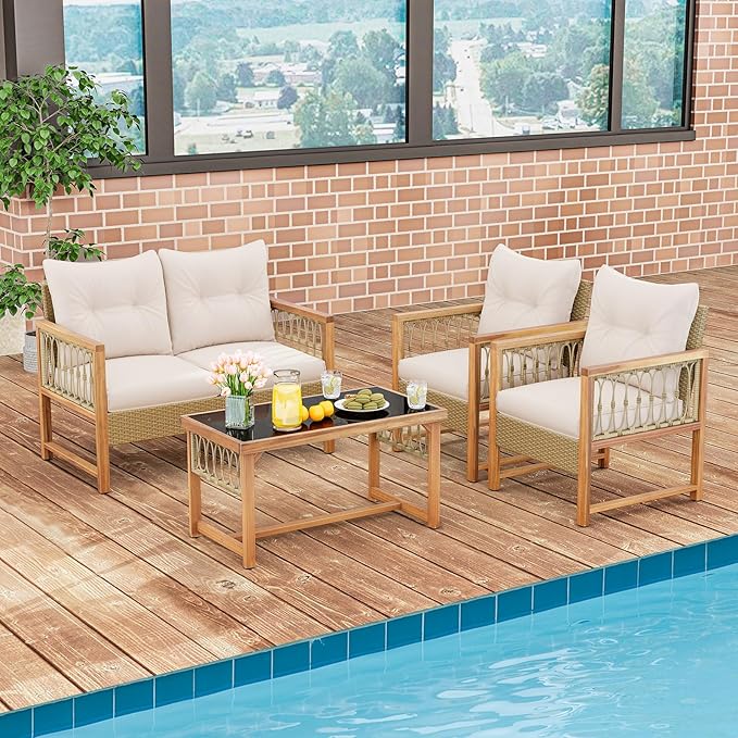 Tangkula 4 Pieces Patio Furniture Set, Outdoor PE Wicker Conversation Bistro Set with Acacia Wood Frame, Cushions and Tempered Glass Coffee Table for Porch, Balcony, Deck and Backyard (Beige)