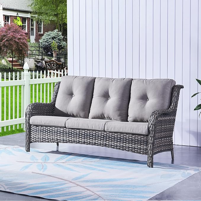 HUMMUH 6 Pieces Patio Furniture Set with Fire Pit Table Outdoor Conversation Set PE Wicker Patio Couch Swivel Glider Chairs Ottomans for Balcony Garden,Lawn,Deck