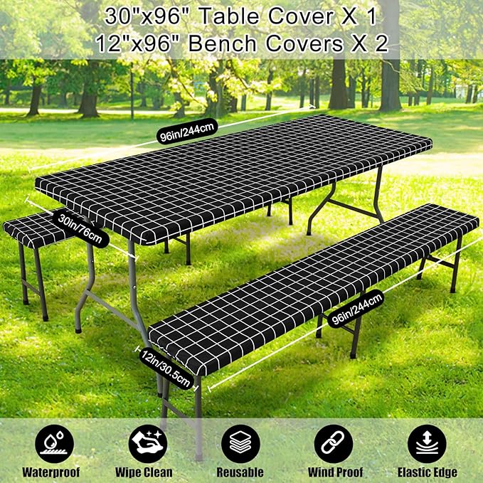 Smiry Picnic Table Cover with Bench Covers, Waterproof Elastic Fitted Tablecloth for 8 Foot Tables, Washable Polyester Tablecloths for Camping, Indoor & Outdoor (Black & White, 30x96 Inch 3-pc Set)