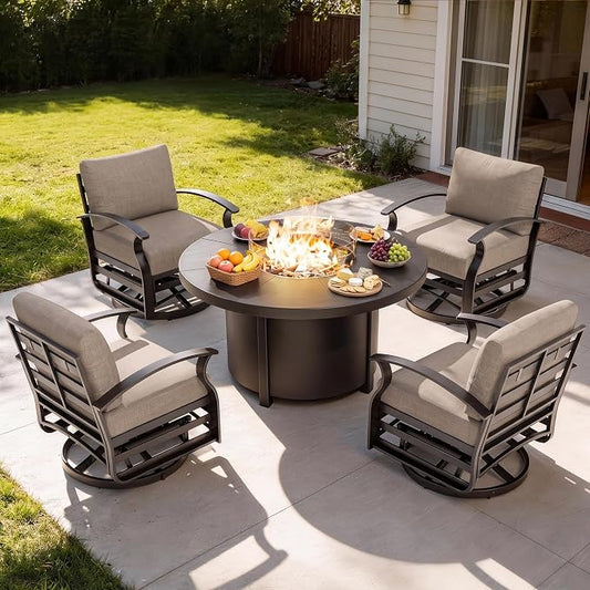 Gotland 5 Piece Patio Set, Aluminum Outdoor Swivel Chairs Set with 48’’ Round Fire Pit 5.1’’ High-Resilience Seat Cushions 29.5" Deep Seating, Metal Patio Furniture Set Patio Conversation Sets, Khaki