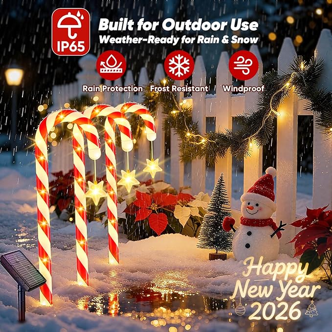 Solar Christmas Lights Outdoor Decorations: 24-Pack Candy Cane Pathway Lights with 10 Modes - Unique Xmas Gifts for Mom Women - Waterproof Decorative Christmas Yard Stakes for Holiday Garden Decor