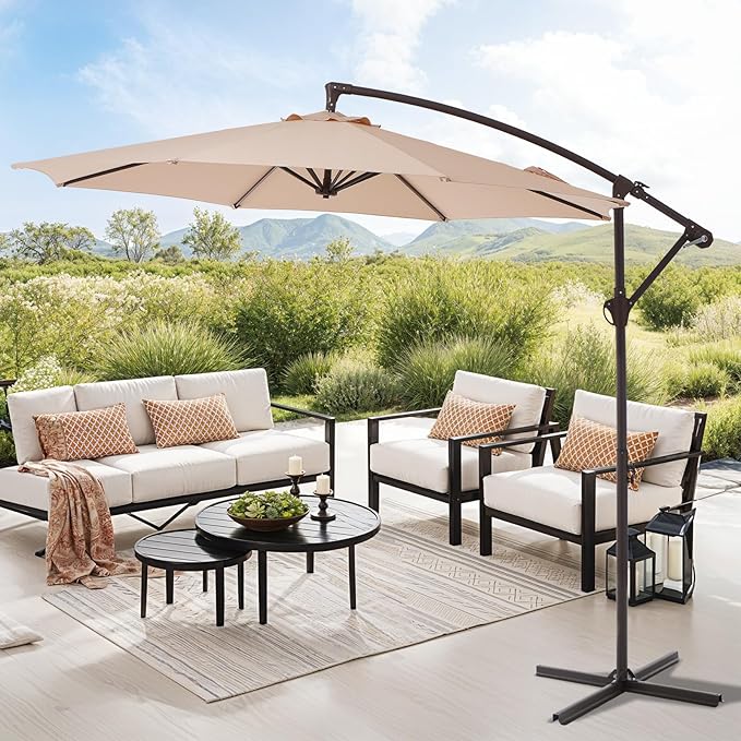10FT Patio Umbrella, Outdoor Offset Cantilever Umbrella with Sturdy 8 Ribs, Easy Tilt Adjustment for Backyard Pool Garden,Beige