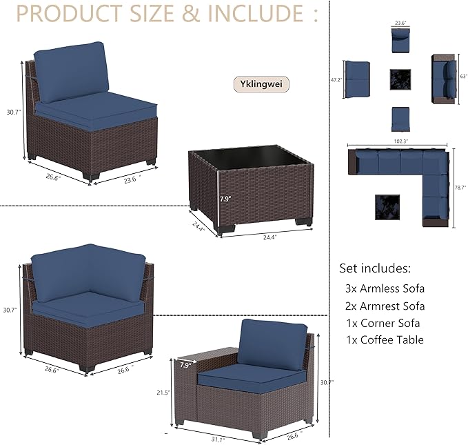 Patio Furniture Set Sofa 7-pcs Wicker Sectional Sofa Set,Outdoor Furniture Rattan Patio Conversation Sets with Seat Cushions and Tempered Glass Coffee Table