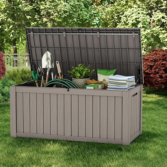 150 Gallon Large Outdoor Storage Box Waterproof, UV Resistant Resin Deck Box with Hydraulic Rod & Lockable Latch for Patio Furniture, Outside Storage Box for Garden Tools, Patio Cushions, Gray