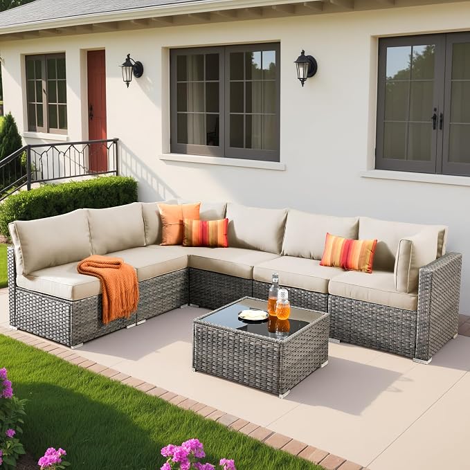 Weaxty 7 Pieces Outdoor Patio Furniture Set,Wicker Sectional Sofa Couch with Thicken Cushion and Glass Coffee Table,All Weather Rattan Patio Conversation Sets for Porch,Poolside,Backyard,Beige