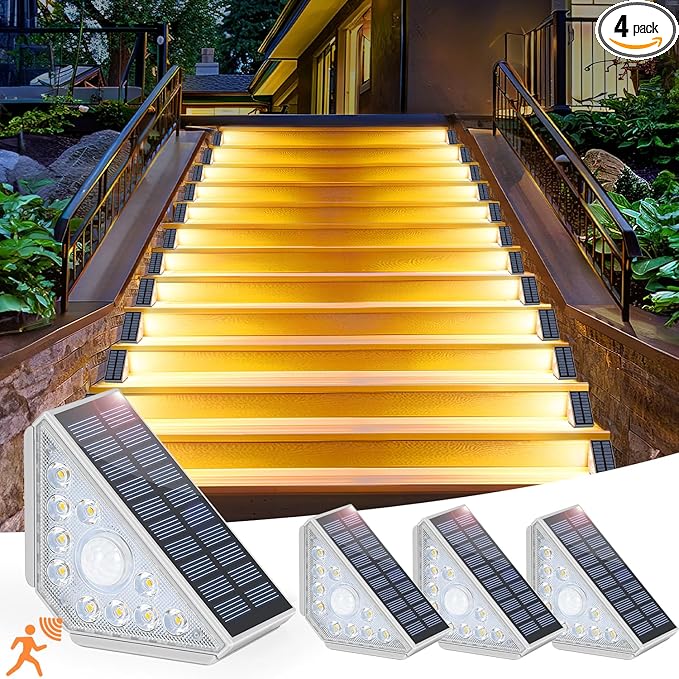 Kondras Motion Sensor Solar Step Lights for Outside, 4-Pack Outdoor Stair Lights Waterproof IP67, Solar Powered LED Outdoor Step Lights Decor for Yard Garden Porch Patio Pathway Deck, Warm White