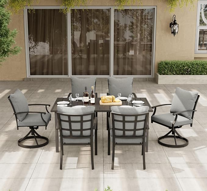 HAPPATIO 7-Piece Patio Dining Set, Outdoor Dining Set with Powder-Coated Metal,Dining Table with Umbrella Hole, 4 Stackable Chairs 2 Swivel Chairs with Removable Cushions for Porch Pool Garden,Grey