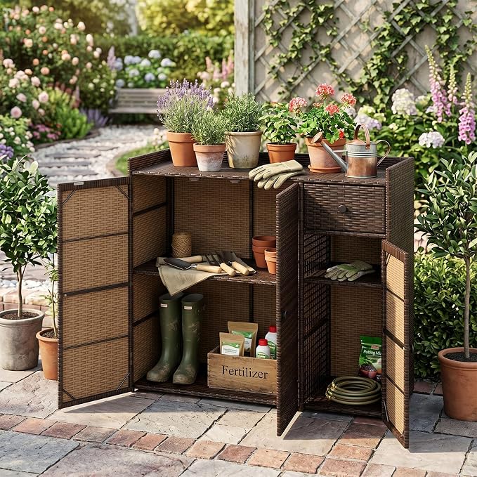 Tangkula Rattan Outdoor Storage Cabinet, Patiojoy Outdoor Cabinet with 2 Adjustable Shelves, 1 Drawer, 3 Doors, Patio Storage Deck Box Table for Patio Garden Poolside