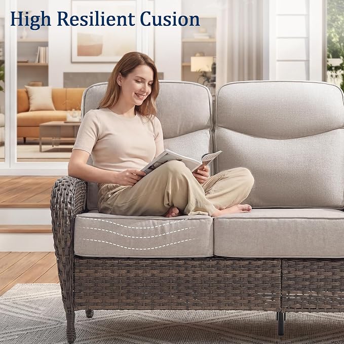 Outdoor Swivel Rocking Chair Patio Set (8pcs) High-Back-Thick Cushion Swivel Rocking Chair Patio with Fire Table Set, All-Weather Wicker Patio Furniture Set, Suitable for Balcony Patios, Brown/Beige