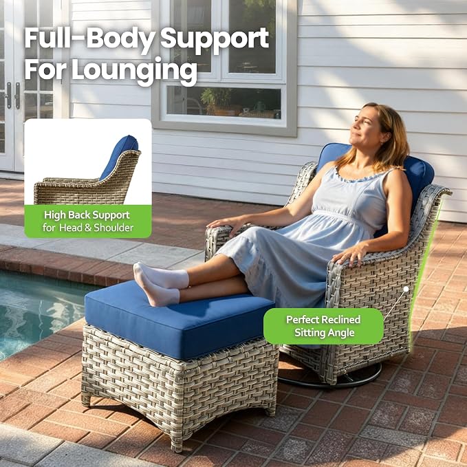 6 Piece Patio Furniture Set with Swivel Rocker Chairs, Outdoor Wicker High Back Sofa Glider Chair Ottoman with Cushion, All Weather Conversation Sets for Backyard Poolside Deck, Navy Blue