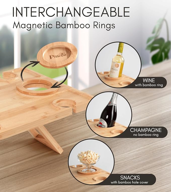 Portable Wine Picnic Table - Foldable Bamboo Snack Tray with Glass & Bottle Holders - Picnic Wine Set for Beach, Camping, Park - Gift for Wine Lovers