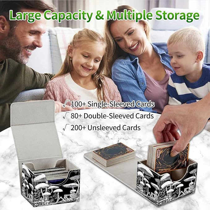 Card Deck Box for MTG, Cards Storage Box Fits 120+ Sleeved, Leather Small Size Strong Magnetic Closing Card Case for Board Games Magic TCG CCG Baseball Collection, Dark Mushroom