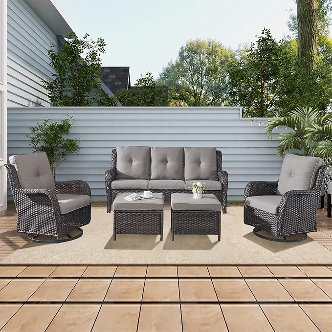 Rilyson 3 Piece Wicker Patio Furniture Set - Outdoor Rattan Patio Comversation Set with 1 Sofa and 2 Ottomans for Outside Porch Deck Garden(Brown/Grey)