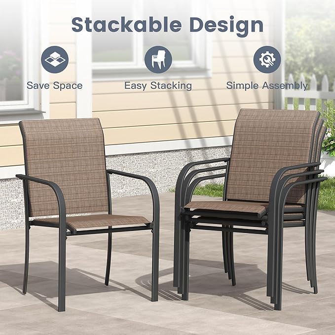 VICLLAX 9 Pieces Patio Outdoor Dining Set, 53" Round Metal Table with Umbrella Hole and 8 Stackable Textilene Chairs for Patio, Lawn, Garden, Porch, Black/Brown