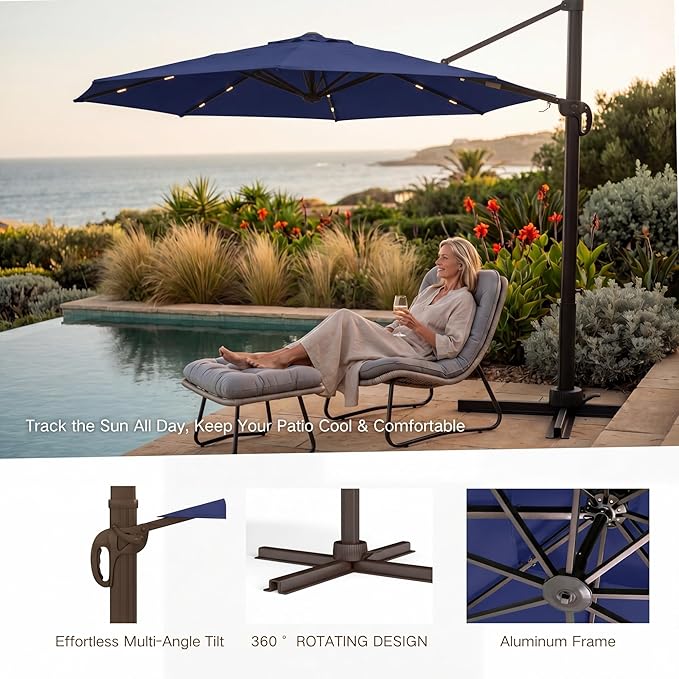 Kingdura 9ft Cantilever Patio Umbrella with Base Included & Solar Lights, Large Round Metal Outdoor Offset Umbrella with 360-degree Rotation, 4 Position Tilt, UV Protection for Pool Deck Patio (Navy blue)